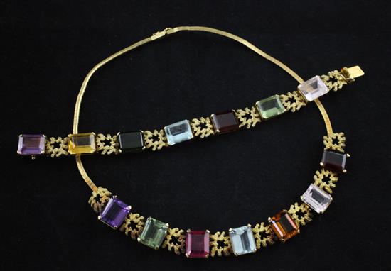A Brazilian 18ct gold and multi gem set necklace and bracelet en suite, bracelet 7in.